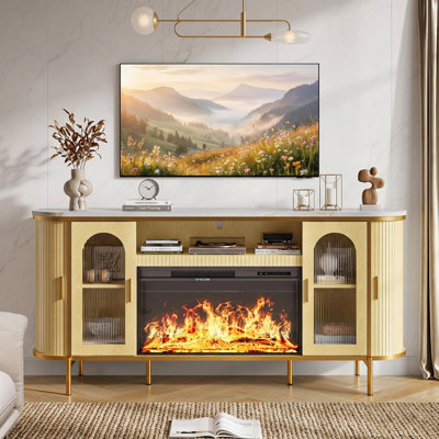 Japandi 70" Oak Fluted Fireplace TV Stand With 30" Fireplace, Reeded Glass Sliding Doors & Adjustable Shelves - Media Console For Tvs Up To 80" Living Room