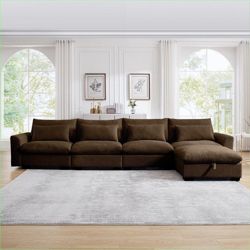 Canapés modulaires | Grand canapé modulaire en forme de L avec rangement, 4 coussins décoratifs, pour salon et appartement | Noyer brun | Velours côtelé