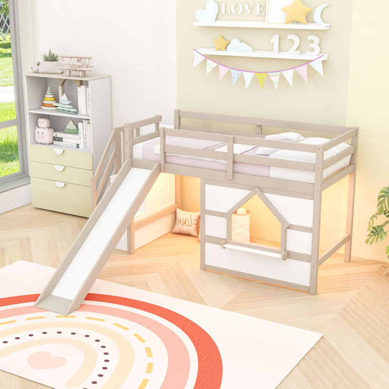 Lit mezzanine simple bas avec tablettes, escaliers, glissade et lumières DEL, Blanc beige