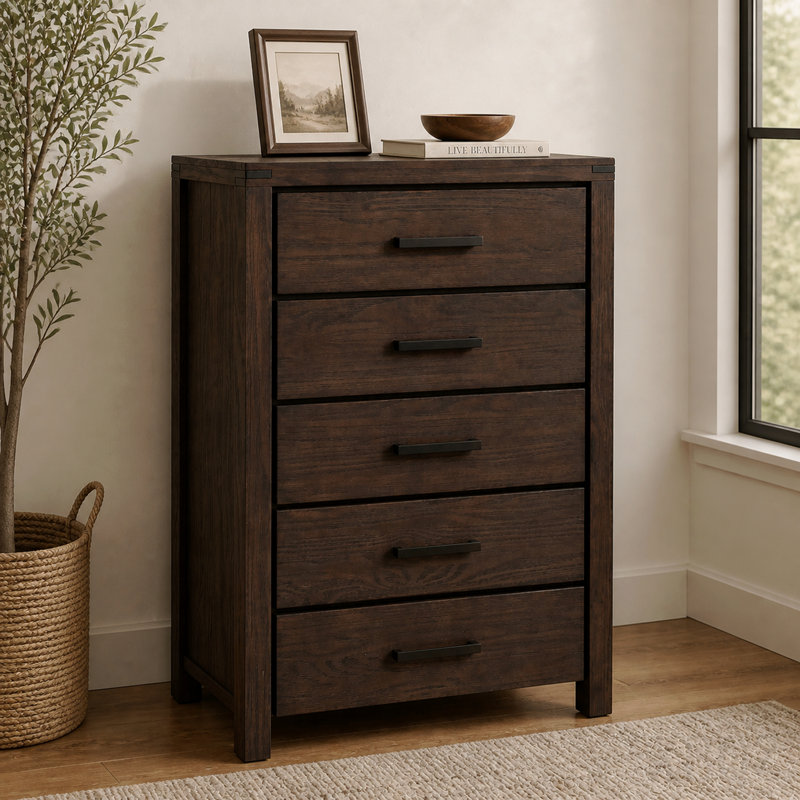Commode à 5 tiroirs en pin foncé foncé, armoire de rangement moderne pour chambre nordique, rangement compact