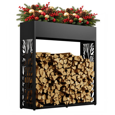 Porte-bûches décoratif intérieur/extérieur avec jardinière et séparateur d'étagère, support à bûches en métal robuste avec motif de feuilles de forêt, noir