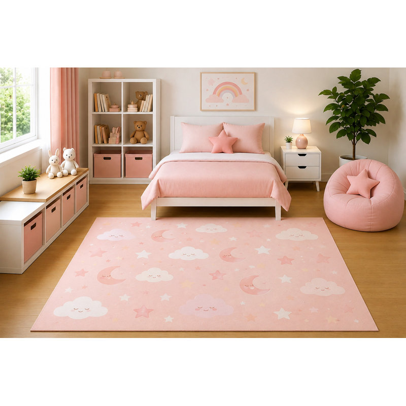 Tapis ultra-léger 152 x 213 cm (5' x 7') rose lune et étoiles, décoration céleste mignonne pour chambre de bébé ou salle de jeux, thème kawaii pastel, envers antidérapant en silicone, poils courts