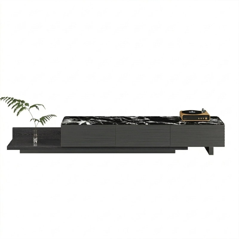 Meuble télé 70,8 po avec plateau en faux marbre noir asymétrique et rangement multi-tiroirs 300 LBS pour meuble télé avec téléviseur de 75 po ou plus