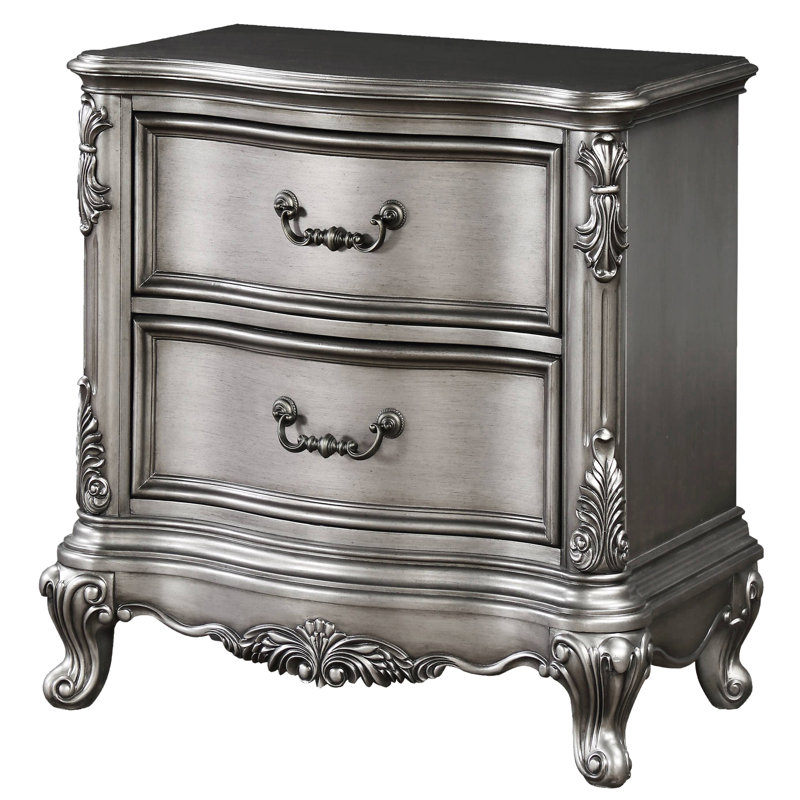 Table de chevet en bois gris avec 2 tiroirs doublés de feutre pour l'organisation de la chambre à coucher 2 de style antique