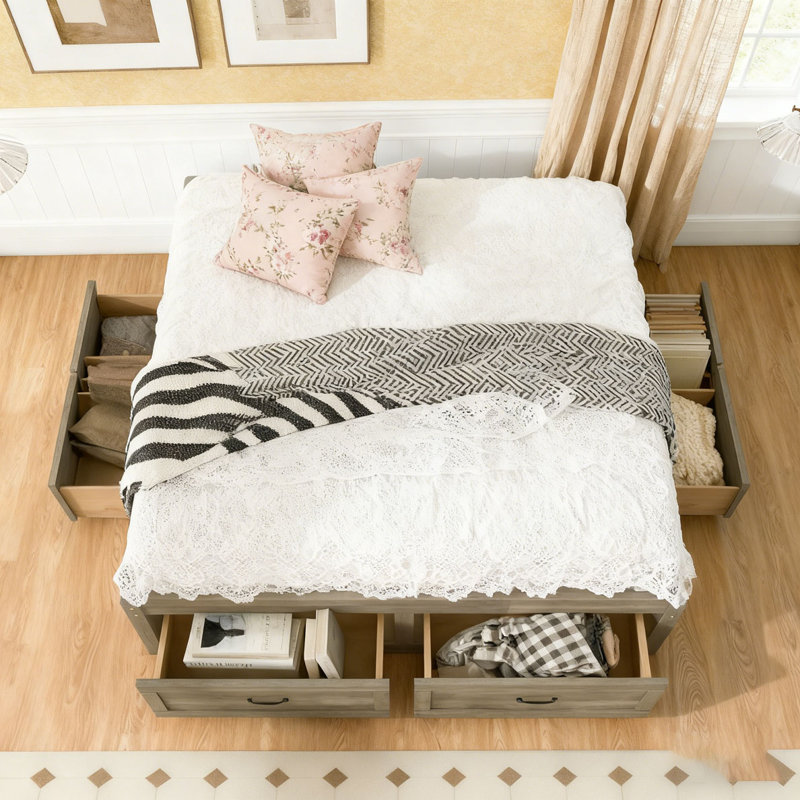 Wood Bed with 6 Storage Drawers, Antique Grey, Queen