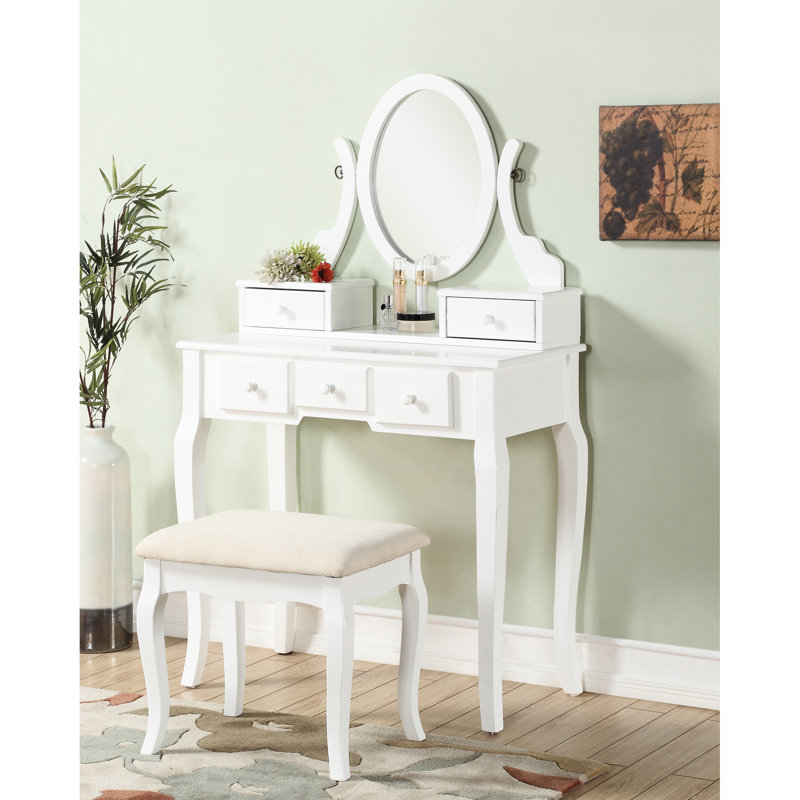 Table de coiffeuse en bois et chaise de maquillage, blanc - 5 tiroirs et miroir ovale réglable pour les articles cosmétiques