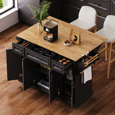 Large Kitchen Island With Rubber Wood Drop Leaf, Embossed Texture, And Ample Storage On 4 Wheels, Perfect For Modern Kitchens And Dining Rooms.