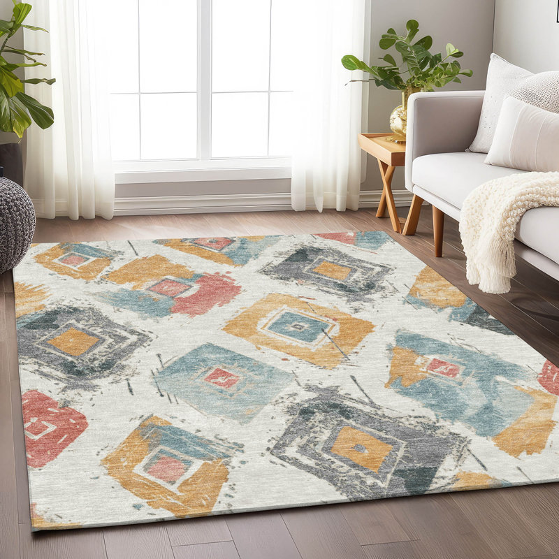 Ivory Diamond Pattern Machine Washable Synthetic Rug, 3' x 5'