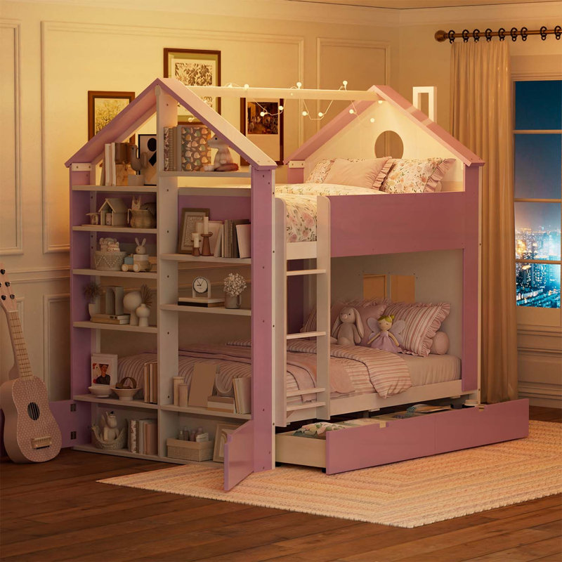 Lit superposé double avec tiroirs et tablettes de rangement, conception moderne en bois à deux tons, meubles de chambre à coucher peu encombrants, blanc et rose
