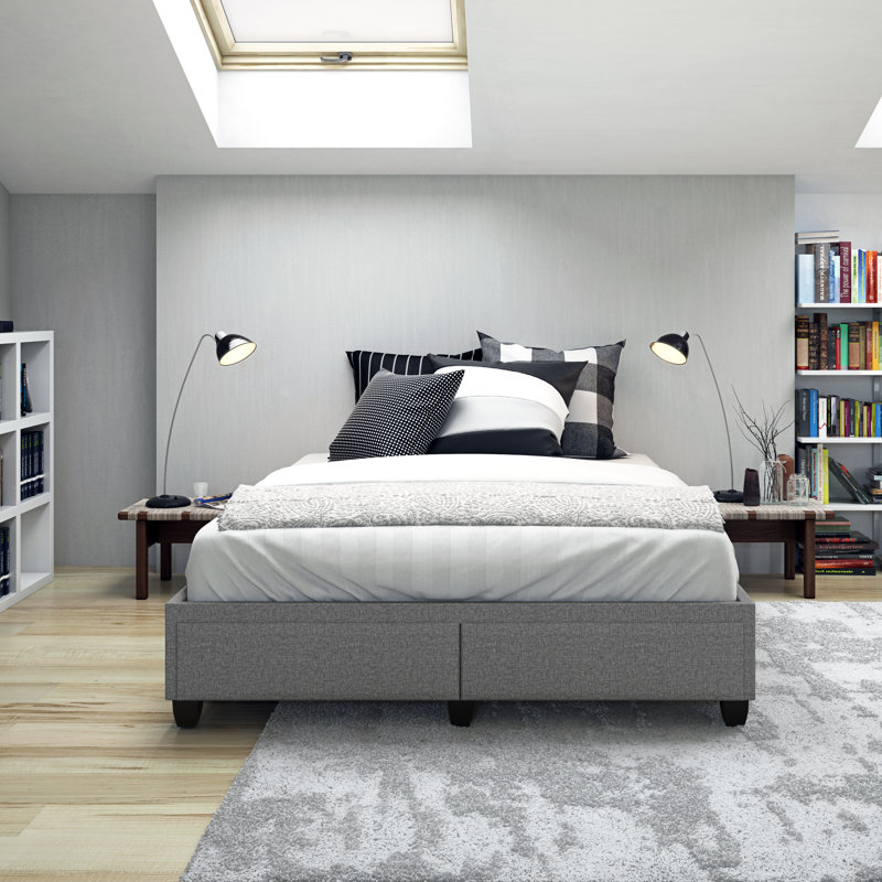 Lit plateforme avec rangement en lin Boyd Modena, gris, Grand