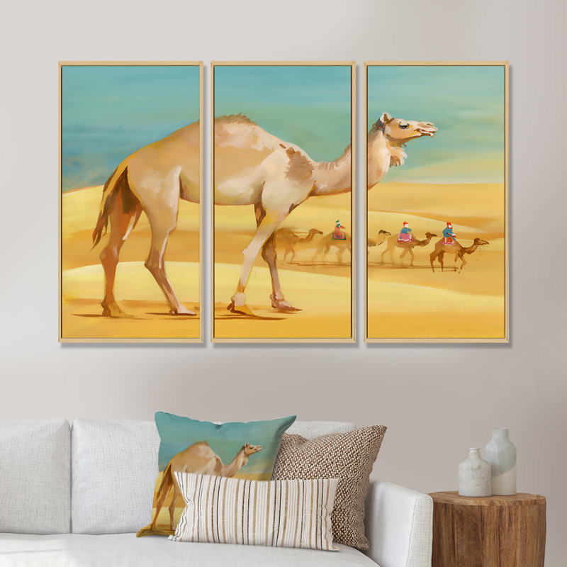 Camels in Desert - 3 pièces, reproduction sur cadre flottant sur toile, H 28 po x l 36 po x P 1 po, Cadre brun