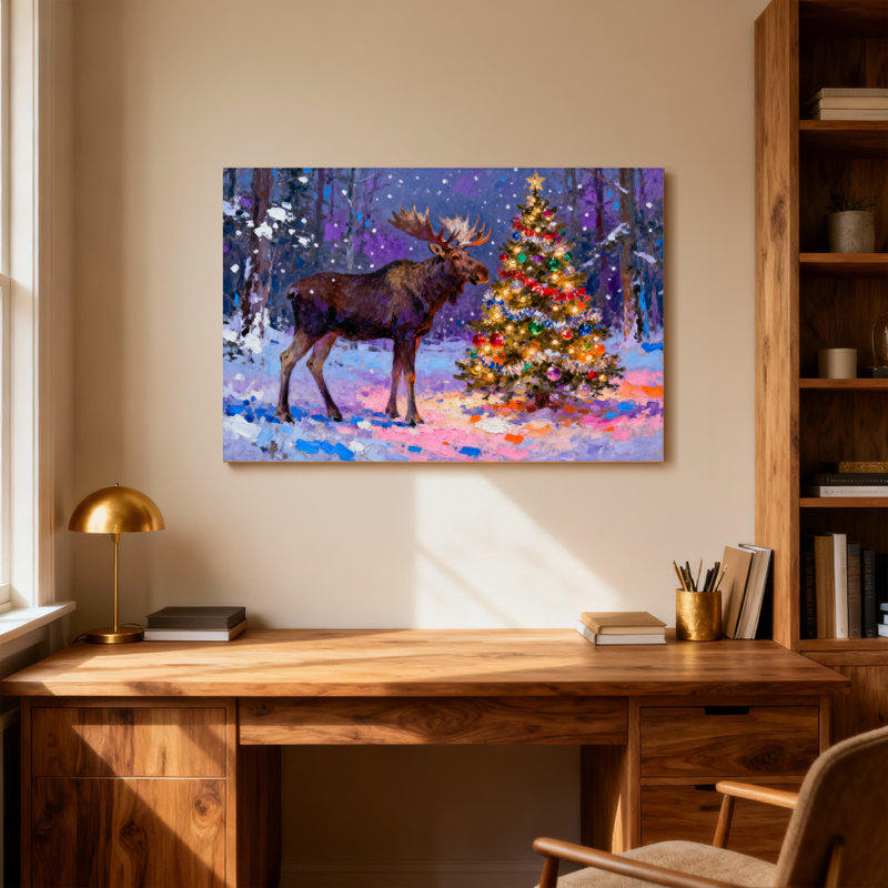 Orignal de Noël debout près d'un arbre de Noël décoré, H 12 po x l 18 po