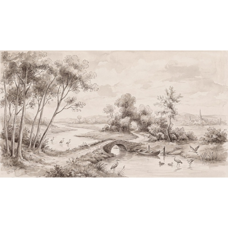 Papier peint sépia, paysage, illustration de toile, scène de rivière, 140 po x 108 po, Peler et coller