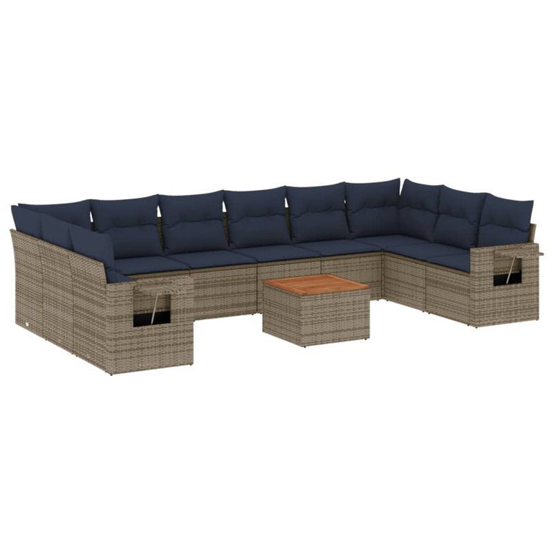 Ensemble de canapé de patio 11 pièces avec coussins en rotin de polyester, Gris, Bleu foncé