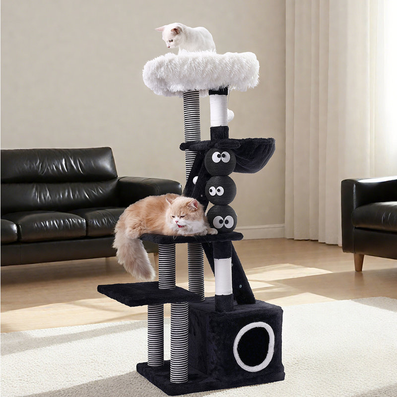 Cat Tree, 50.7in Multi-Level Cat Tower with Scratching Posts, Perch, Hammock and Hideaway condo, Indoor Cat Activity Center with Fun Cartoon Design, Black