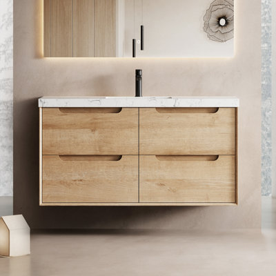 Meuble-lavabo mural simple 48 po en chêne naturel avec plateau en pierre reconstituée 48 po