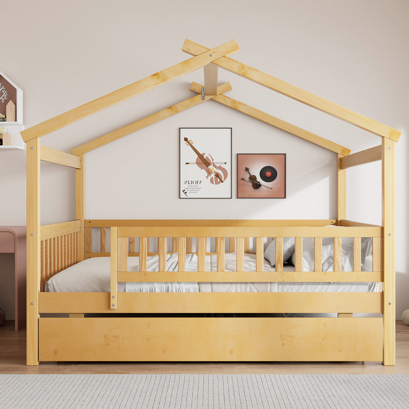 Lit en bois avec lit gigogne simple, Naturel, Double