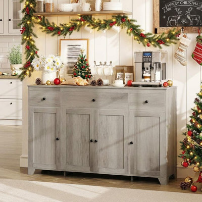 Buffet de 55 po avec rangement, armoire de cuisine minimaliste avec 3 tiroirs et 4 portes, console de style buffet avec tablette réglable pour la cuisine