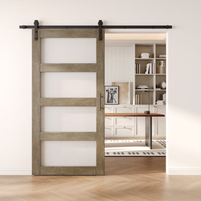 Porte de grange non assemblée et fini en verre à 4 verres de 48 po x 80 po avec ensemble de quincaillerie Homacer Classic Grey