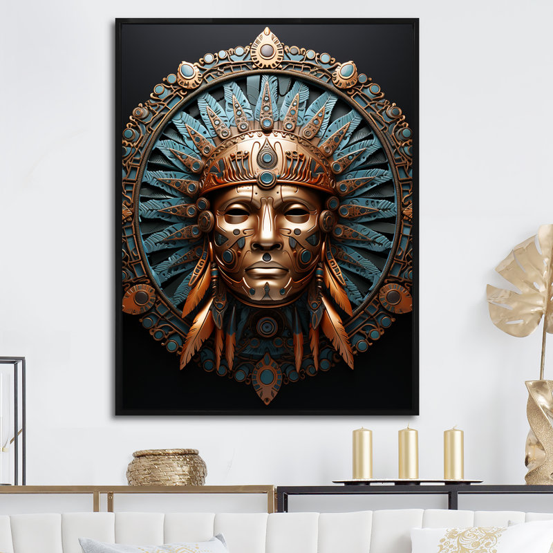 " Emerald And Black Native Warrior Mask ", Black Floater Framed, 20" H x 12" W x 1" D
