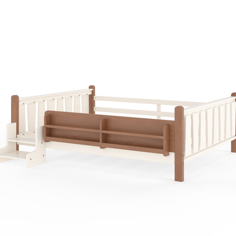Beige Queen Size Floor Bed With Storage Bookcases, Pine Wood, Guardrails And Easy Assembly For ' Arrangement