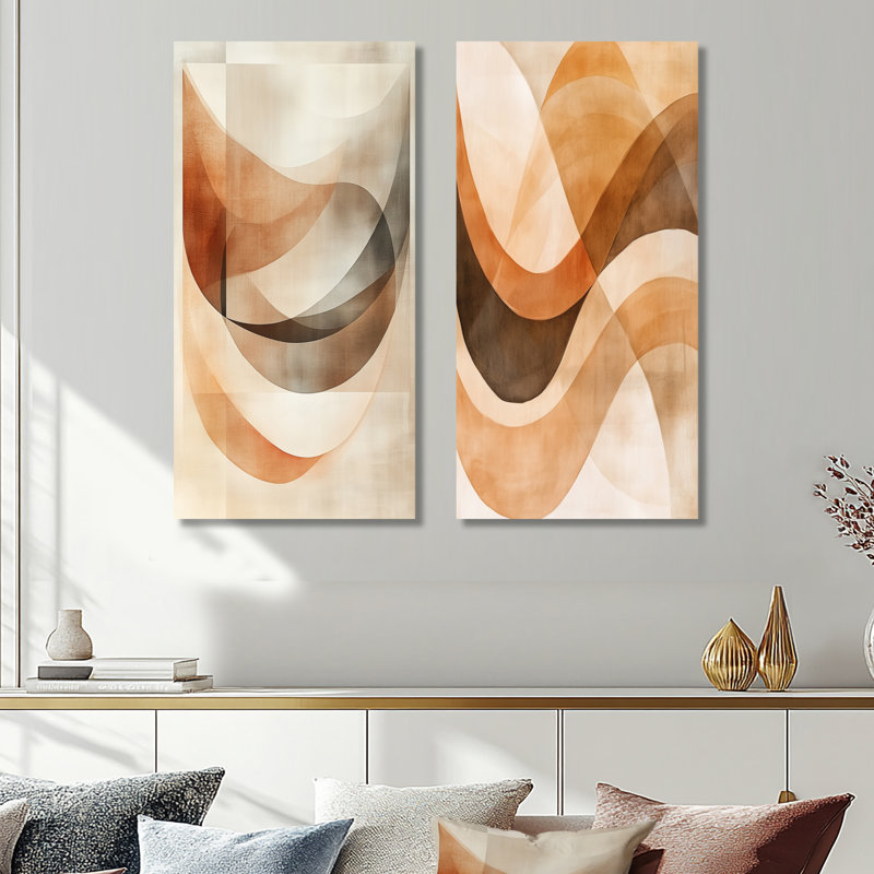 Beige Minimal Curves - ensemble de 2 reproductions murales géométriques en métal, H 40 po x l 40 po