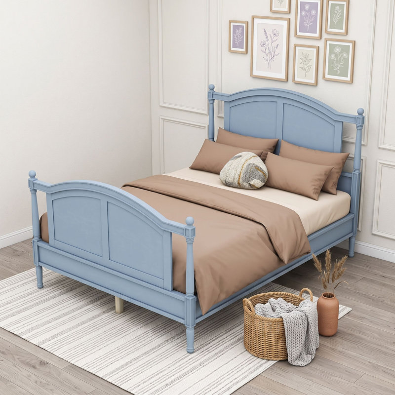 Base de lit plateforme en bois avec tête de lit, Lit double, Bleu clair