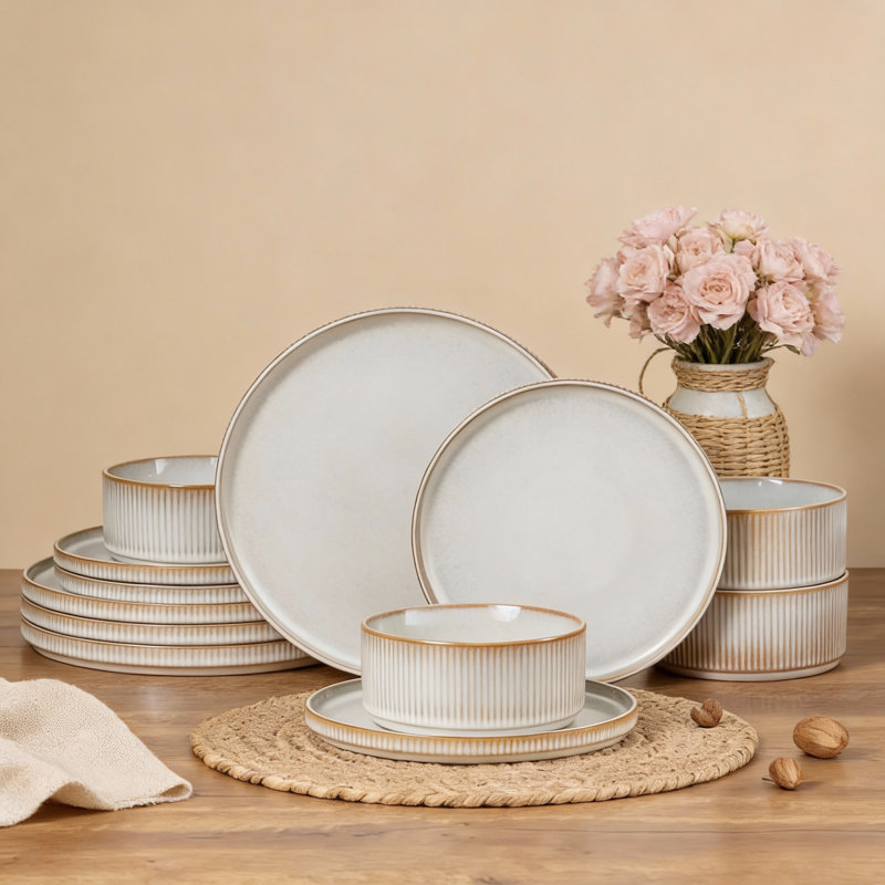 Service de table 12 pièces en grès pour 4 assiettes et bols résistants aux ébréchures et aux égratignures