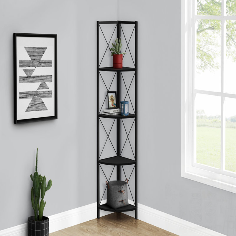 Modern 4-Tier Corner Etagere Bookcase with Laminate Shelves and Stylish X-Design Metal Frame for Space-Saving Storage, Black