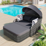 Lit de bronzage d'extérieur 79,9 po avec auvent réglable, lit double, lit de repos en rotin PE, osier noir et coussin