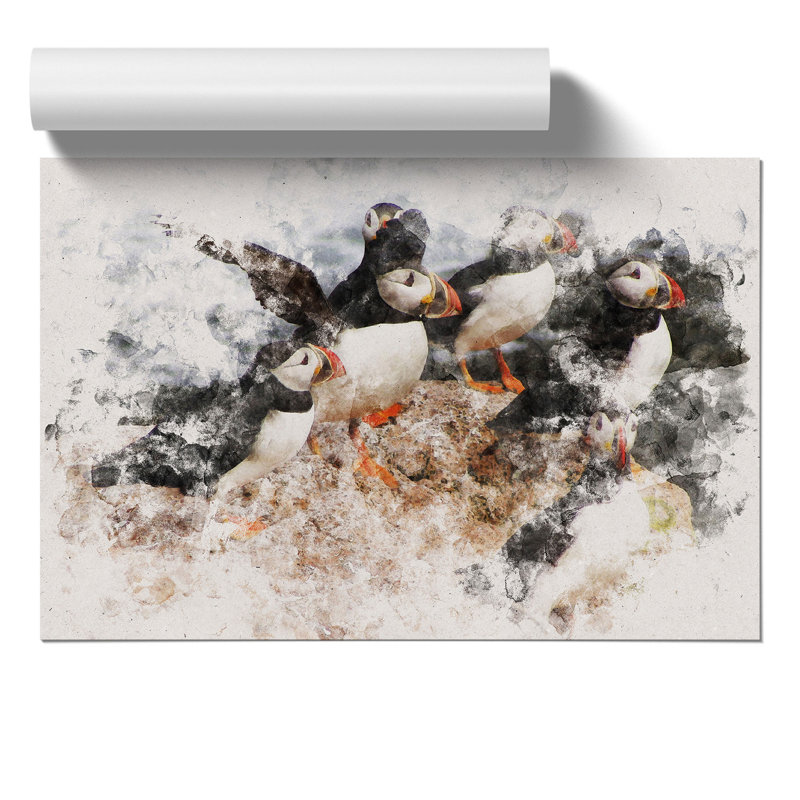 Atlantic Puffin Birds Watercolour - Frameless Print, 42cm H x 59cm W x 0.1cm D