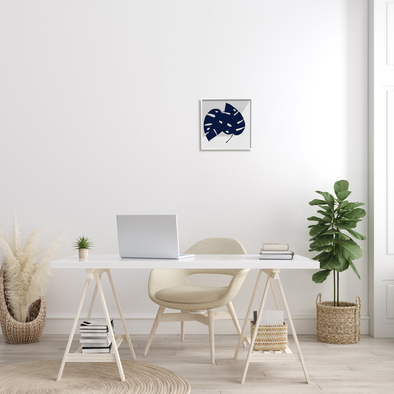 White Framed Blue Monstera Leaf Geometric Wall Art, 12" x 12"