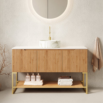 Meuble-lavabo 48 po, meuble de rangement autoportant avec 3 portes et tablette ouverte, lavabo rond en céramique blanc avec motif en pierre et comptoir en pierre frittée blanche