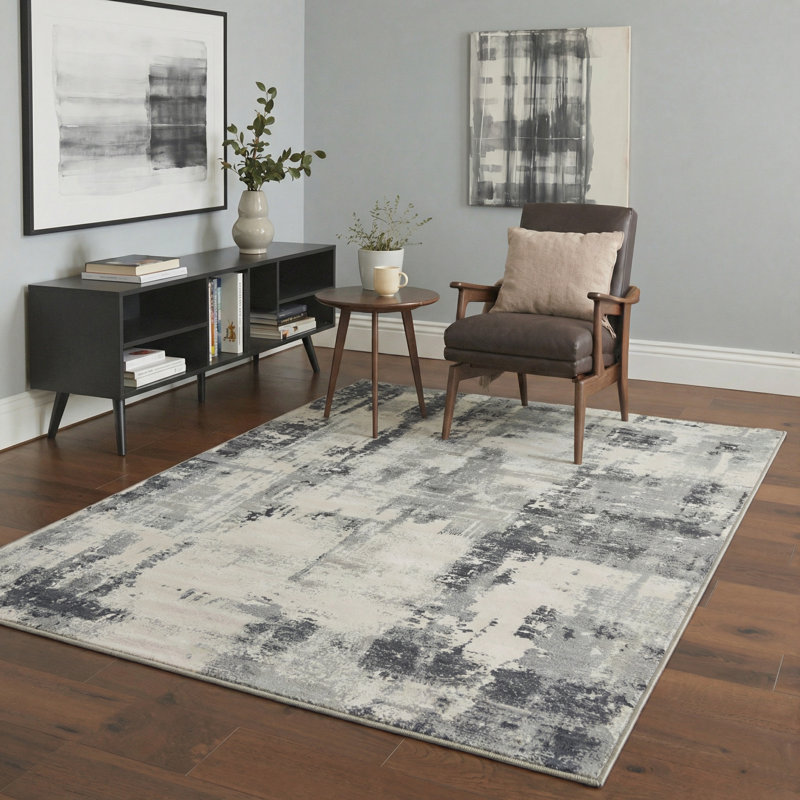 Mignone Aura Abstract Machine Washable Beige / Black / Grey Indoor Area Rug with Non-Slip Backing, Round 5'
