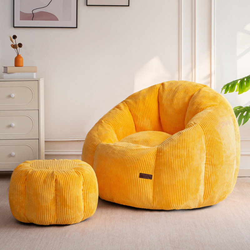 Giant Corduroy Bean Bag Chair With Ottoman Pumpkin-shaped Bean Bag Sofa With Footstool, Orange