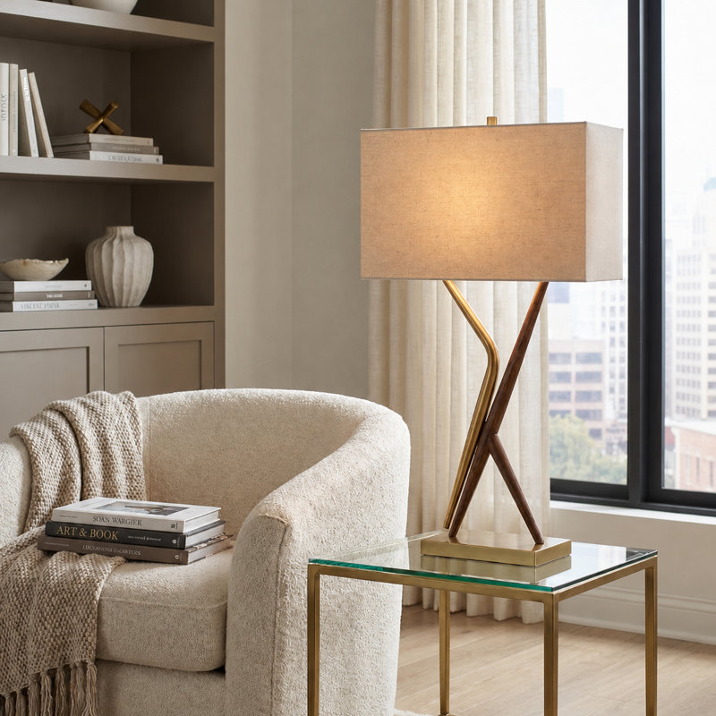 29.75" Metal Table Lamp With Oat Shade