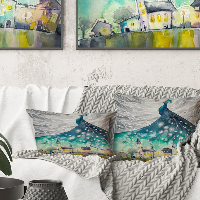 Coussin Turquoise Peacock Over City - Imprimé scandinave, 18 po x 18 po