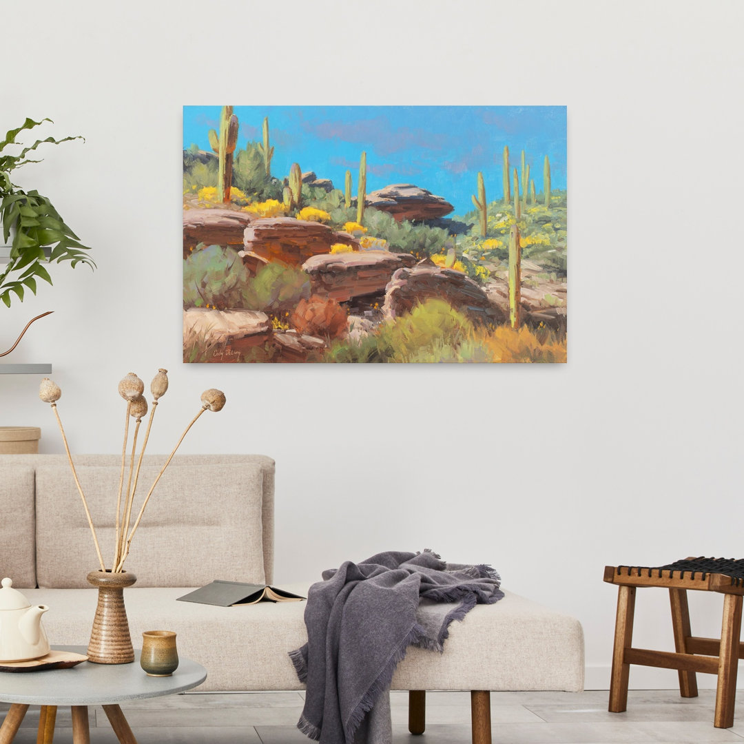 Desert Blooming Scene Colorful Serene Vibrant Cactus Landscape Nature Wall Art Print