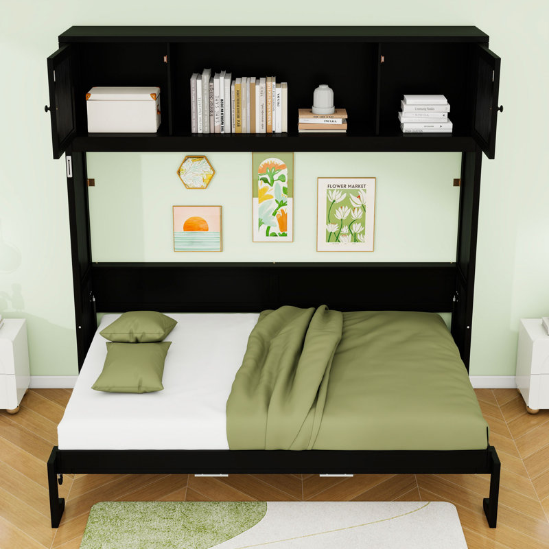Lit escamotable double avec tablettes de rangement