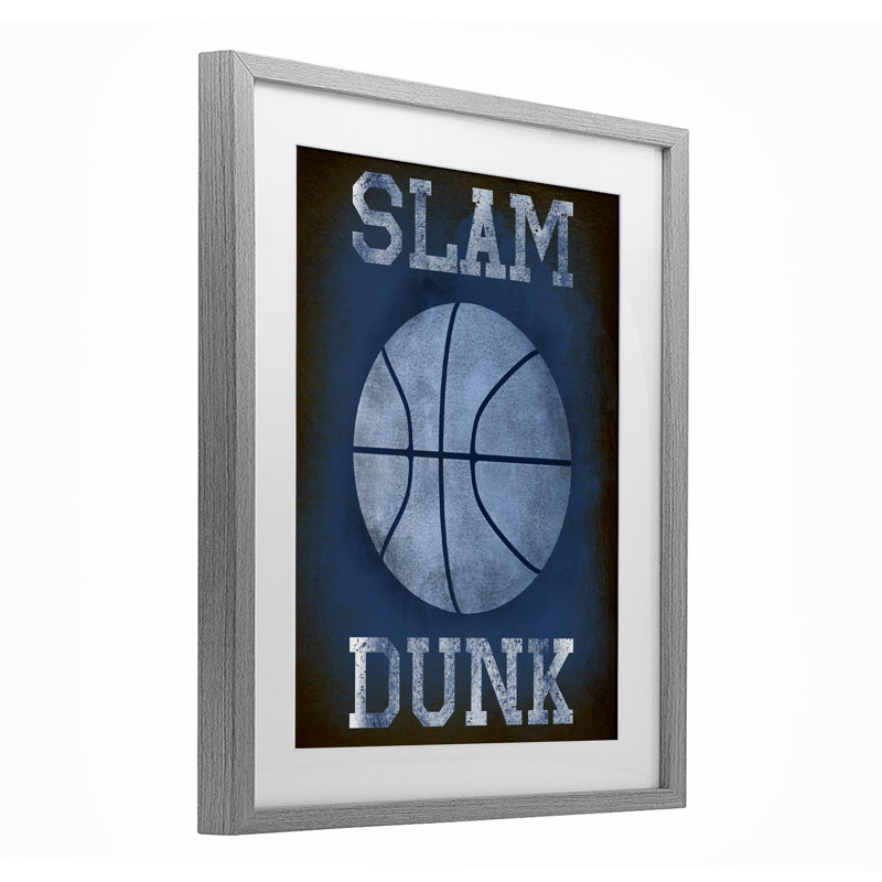 Slam Dunk bleu marine, reproduction encadrée sous verre, design par Marcus Prime, H 21 po x l 17 po, Cadre de ferme gris