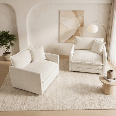 Set of 2 Oversized Accent Chairs with Softly Tailored Arms and Plush Cushions, Cream White