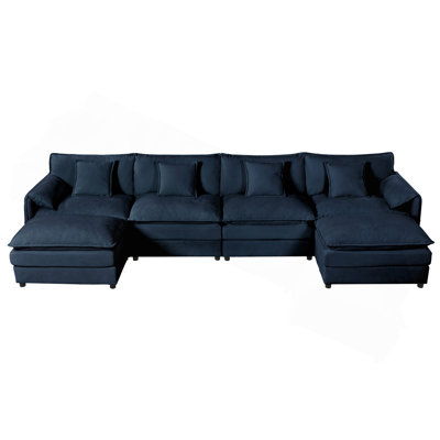 Canapé modulaire modulaire, ensemble de canapé en U surdimensionné à assise profonde pour le salon, canapé à 4 places avec 2 repose-pieds mobiles, combinaison de bricolage, chenille, bleu