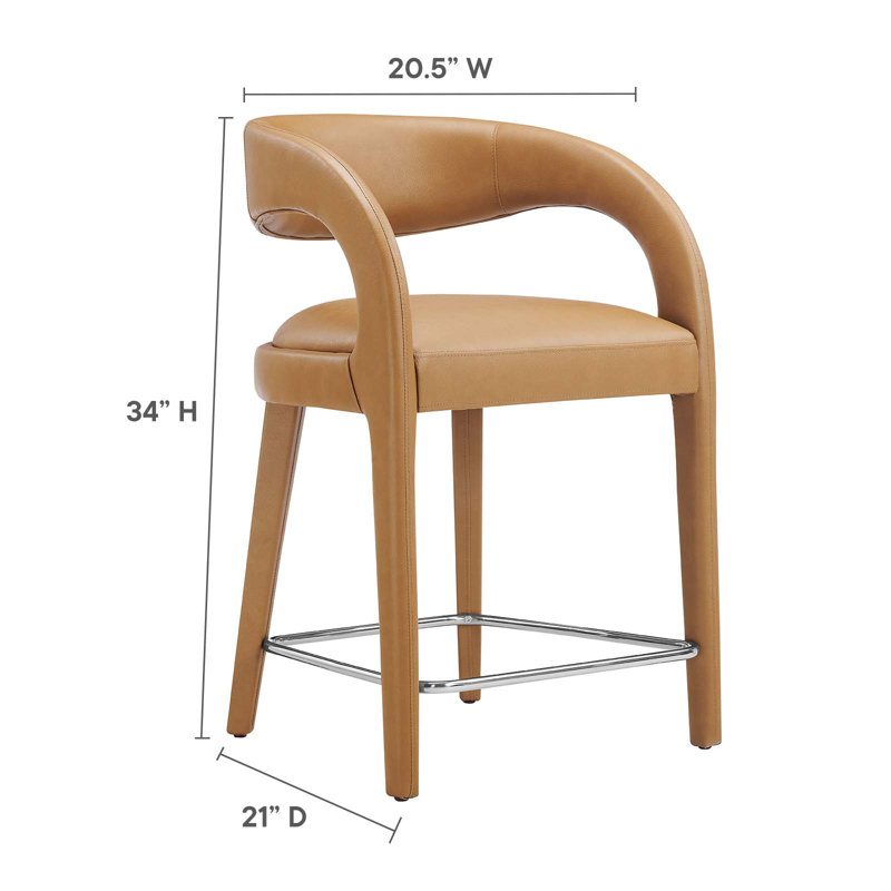 Tan Vegan Leather and Wood Counter Stool Set with Metal Footrest