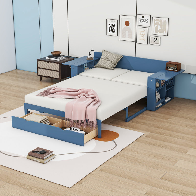 Multifunctional Wood Convertible Daybed with Built-in Desk, Storage Drawer, Blue, Full/Double
