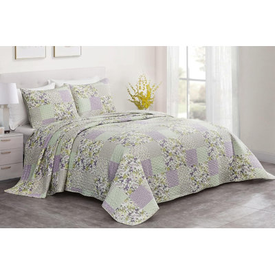 Pre-Washed Purple/Green/White Microfiber Reversible Quilt Set