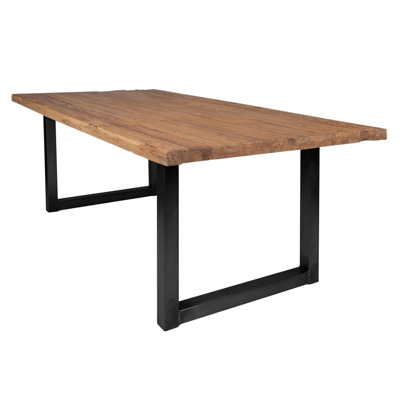 Edge Teak Solid Wood Top Metal Base Dining Table, Black, 76cm H x 220cm L x 100cm W