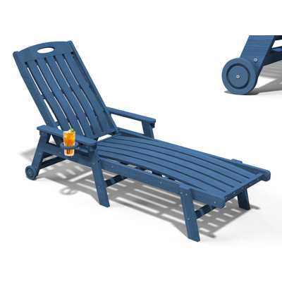 Outdoor HDPE Adjustable Chaise Lounge Chair with Wheels & Cup Holder, 5-Position Reclining Poolside Lounger