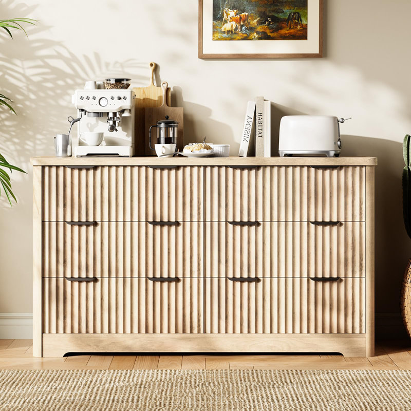 Commode cannelée à 6 tiroirs, commodes modernes pour chambre à coucher avec plateau en bois, commode en bois robuste et meuble télé, rangement pour le salon, vestibule