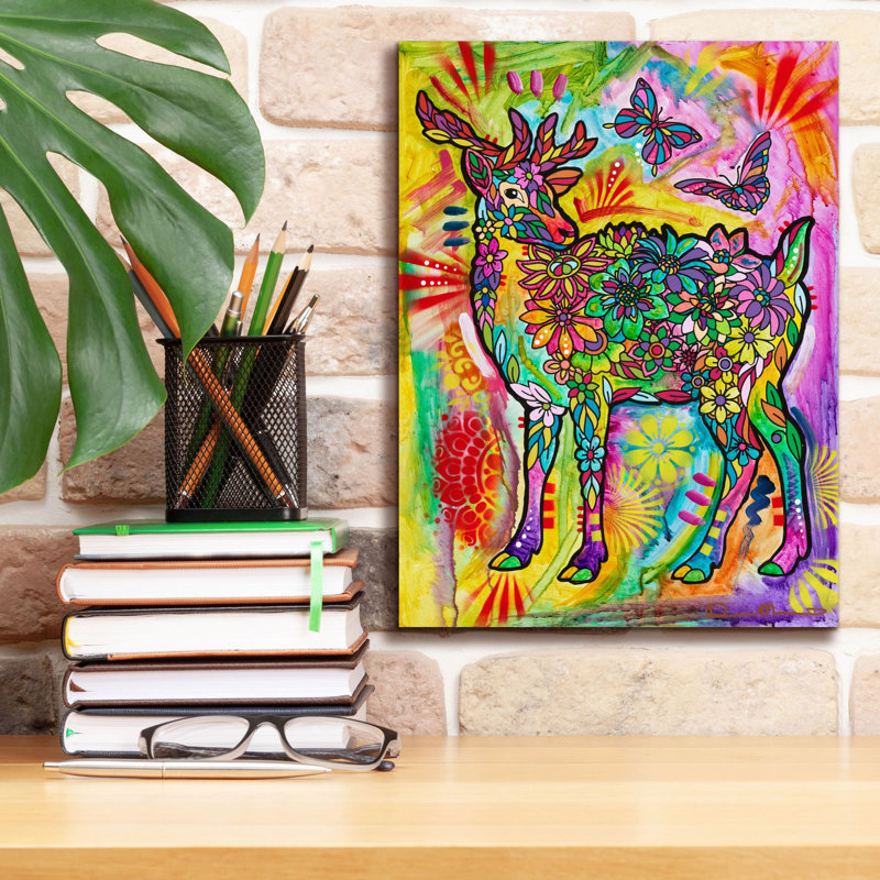 «Flower Deer» par Dean Russo, art mural sur toile, H 16 po x l 12 po x P 0,75 po