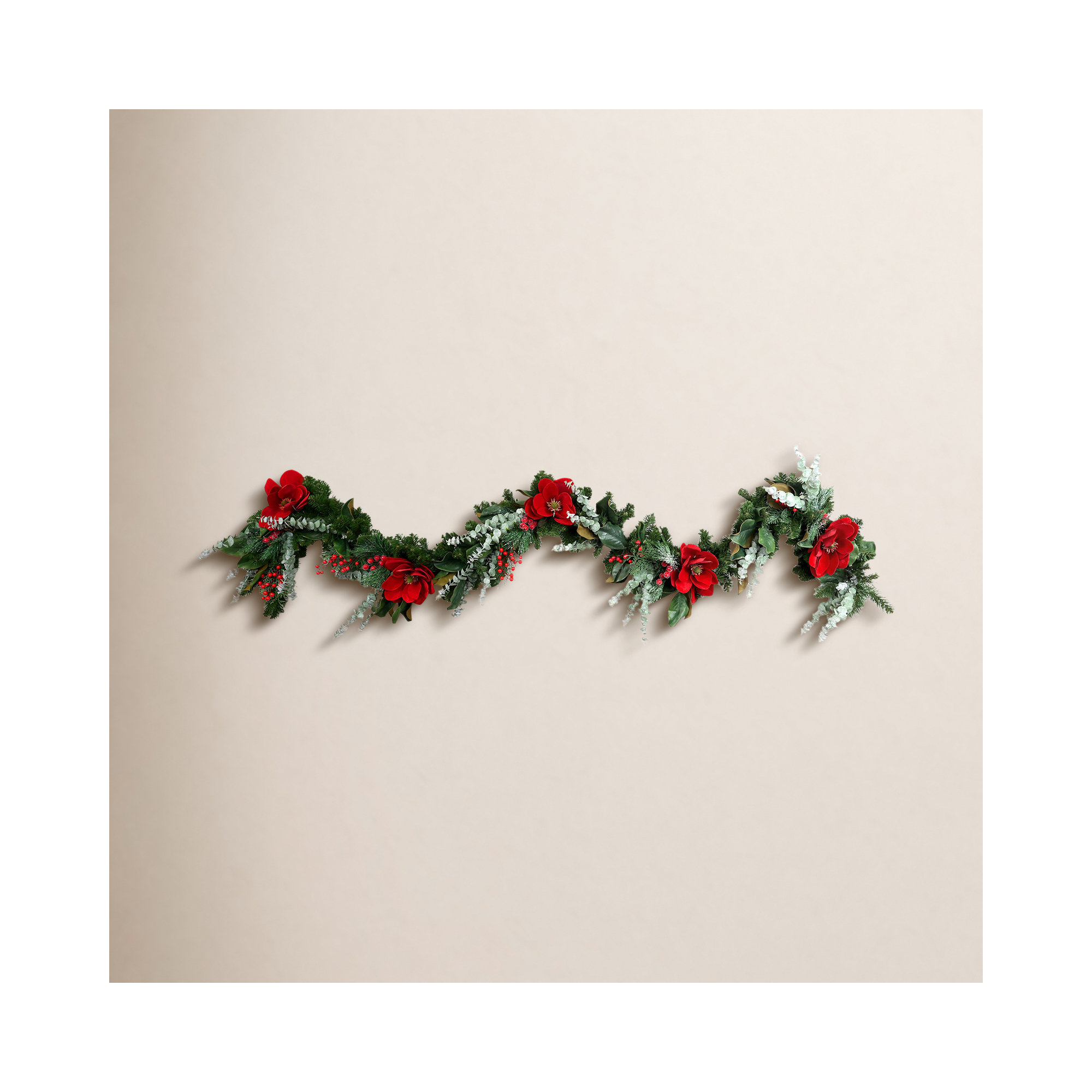 9' Holiday Garland with Magnolias, Eucalyptus and Berries